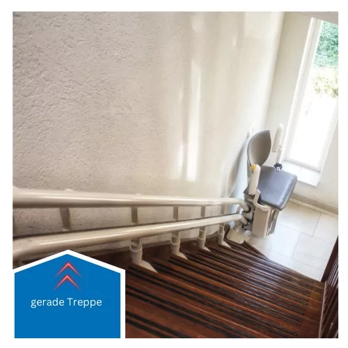 Blick von oben auf eine gerade Treppe: Die Doppelrohr-Schiene eines Sitzlifts ist auf Stützen an den Stufen befestigt, der Sitz parkt unten