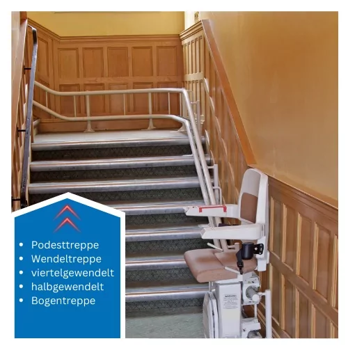 Treppenlift auf einer Podesttreppe mit Kurve